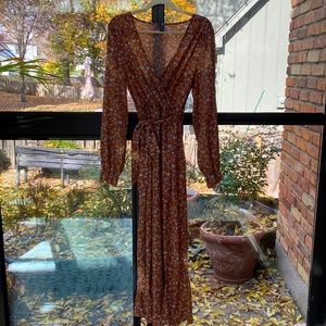 Ditsy Floral Print Flounce Sleeve Split Thigh Belted Dress